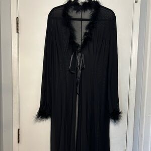 Elegant Black Sheer Robe with Feather Trim Old Hollywood